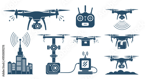 Drone Technology Icons: Quadcopter, Remote, Delivery, Camera, City