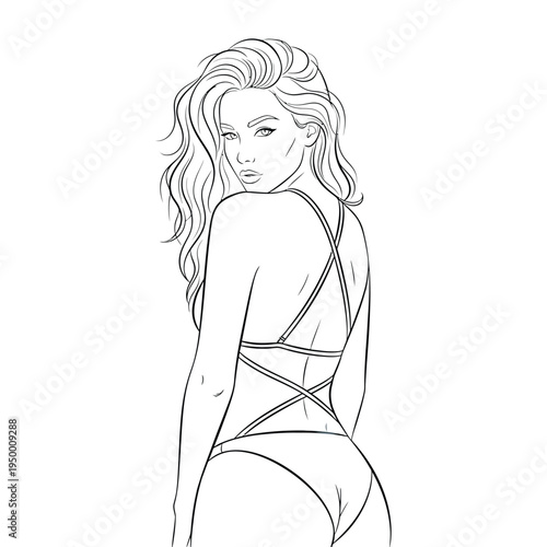 A woman in a bodysuit is posing with her back turned towards the viewer.