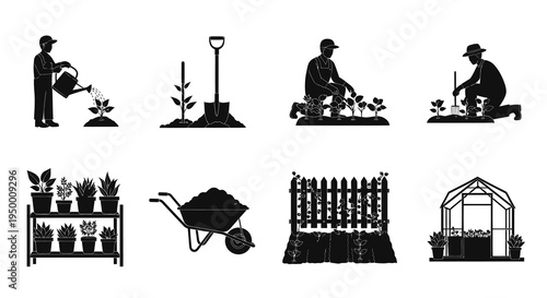 Black  White Glyph Icons of Gardening and Farming Activities