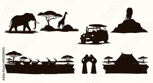 Safari Adventure Icons: Animals, Jeep, Tent, Binoculars, Sunset