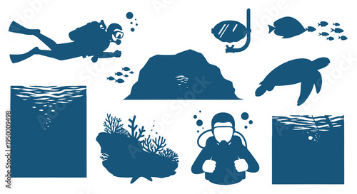 Underwater Scuba Diving Vector Graphics: Divers, Fish, Turtle, Wreckage