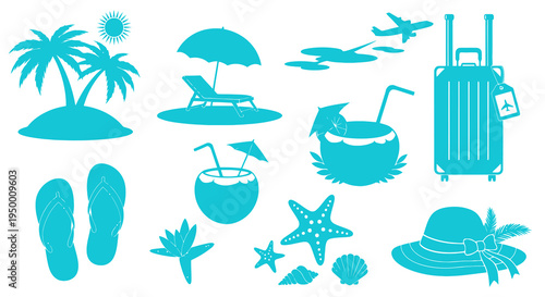 Turquoise Summer Vacation Travel Icons Set - Flat Design