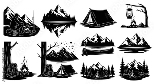 Black and White Camping and Mountain Vector Icons for Outdoor Adventure