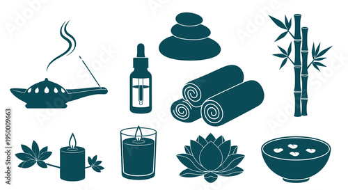 Spa and Wellness Icons: Incense, Stones, Bamboo, Lotus, Candle, Oil