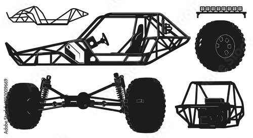 Black and White Line Art of Off-Road Buggy Frame and Wheels