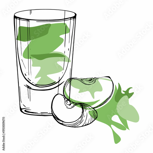 Minimal green Appletini shot glass, sliced apple garnish with juice splatter, absinthe liqueur, midori alcoholic beverage. Vector ink illustration hand drawn for recipe layouts or fruity branding.