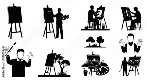 Black and white vector icons of artists painting and easels