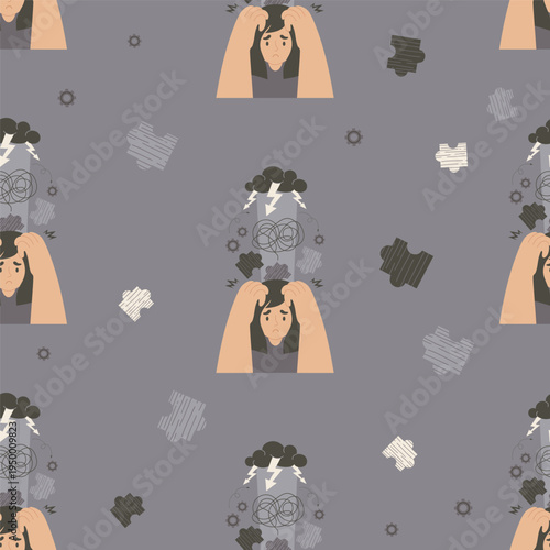Seamless Pattern of Stressed Woman. Depressed Female Character with Psychological Burnout, Anxiety, Storm Cloud and Chaos Symbols on Gray Background. Vector Flat Illustration
