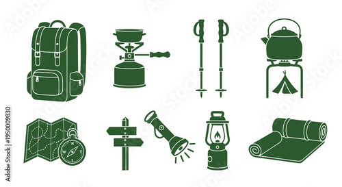 Outdoor Camping Equipment Icons Set Green Silhouette