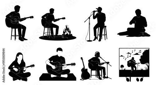 Black  White Silhouettes of Musicians Playing Guitar and Singing