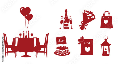 Valentine's Day Romantic Dinner Icons - Flat Red Silhouettes