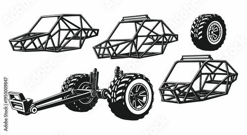 Black and White Vector Illustration of Off-Road Buggy Frame and Wheels