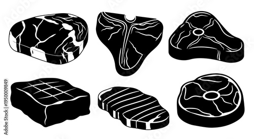 Black and white illustration of six different types of steak cuts