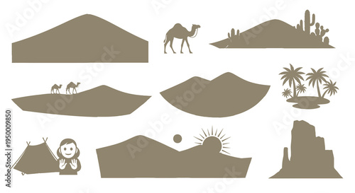 Desert Icons: Camel, Cactus, Dunes, Tent, Oasis, Rock Formation