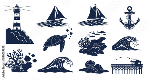 Nautical Marine Icons: Lighthouse, Sailboat, Anchor, Turtle, Wave, Jetty