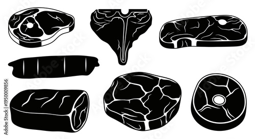 Black and White Line Art Icons of Various Raw Meat Cuts