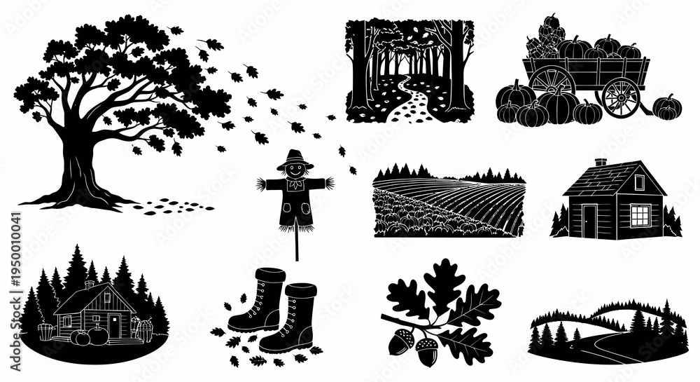 Obraz premium Autumn Scene Vector Icons: Tree, Scarecrow, Pumpkins, Farm, Forest, Boots