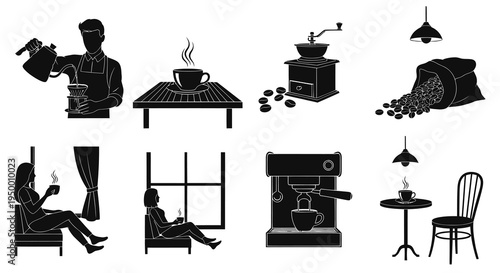 Black and white glyph icons of coffee preparation and enjoyment