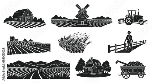 Farm Icons: Barn, Tractor, Windmill, Farmer, Fields, Wheat, House, Cart