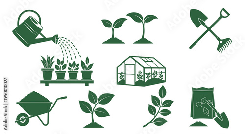 Green Garden Icons: Watering Can, Plants, Greenhouse, Tools, Fertilizer