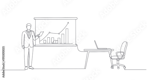 Business man presentation with chart, line art, office desk, laptop, chair