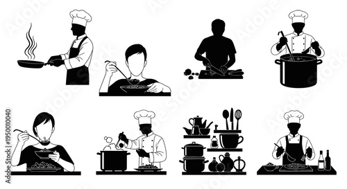 Black  White Line Art of Chefs Cooking and Eating Food