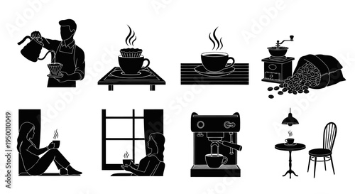 Black  White Coffee Icons Set: Pour Over, Espresso Machine, Beans, Cafe Scene