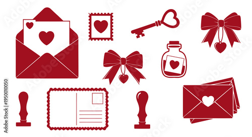 Valentine's Day Red Icons: Love Letters, Bows, Key, Stamps, Postcard, Bottle