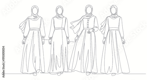 Black and White Line Art of Muslim Women in Hijab and Abayas