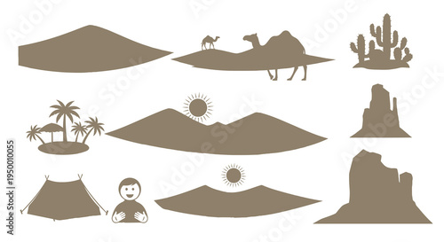 Desert Landscape Icons: Camel, Cactus, Oasis, Tent, Mountains, Dunes