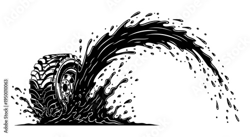 Black  White Line Art of Off-road Tire Splashing Mud