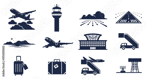 Airport Icons: Planes, Control Tower, Runway, Luggage, Terminal, Stairs, Radar