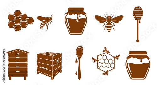 Honeybee Icons: Hive, Jar, Honeycomb, Spoon, Dipper, Bee, Sweet