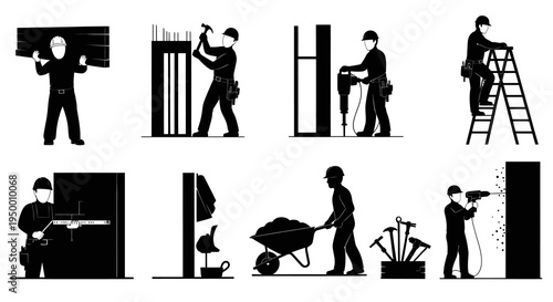 Construction workers icons, set of 8 simple black and white glyphs