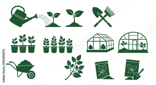 Gardening Icons: Watering Can, Plants, Greenhouse, Tools, Wheelbarrow, Seeds