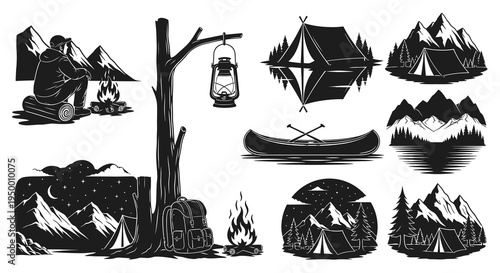 Black and White Camping and Hiking Vector Icons for Outdoor Adventure