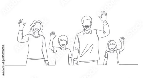 Family Waving Hello, Black and White Line Art, Stock Vector