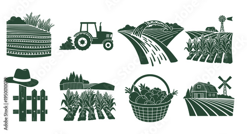 Farming Icons Set: Tractor, Barn, Fields, Crops, Basket, Hat