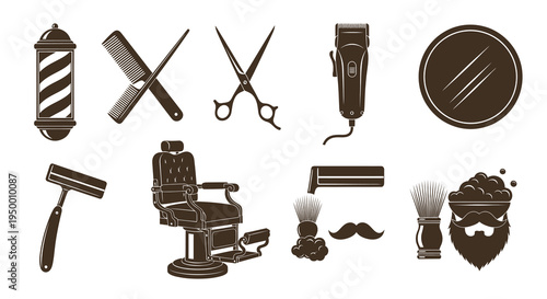 Barber Shop Equipment Icons - Vintage Style Flat Vector Graphics