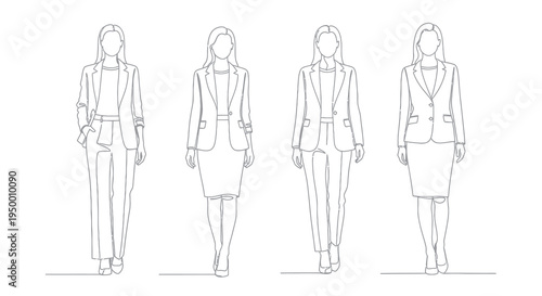 Businesswomen in Suits, Black and White Line Art Fashion Vector