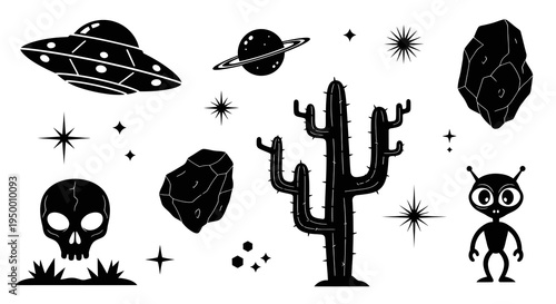 Black  White Glyph Icon Set of UFO, Alien, Cactus, Skull and Stars