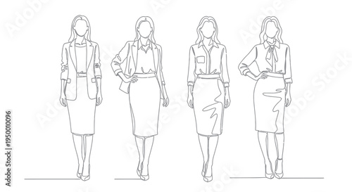 Professional Women Business Fashion Line Art Vector