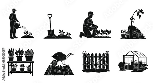 Gardening Icons: Farmer Watering, Shovel, Plants on Shelf, Wheelbarrow, Greenhouse