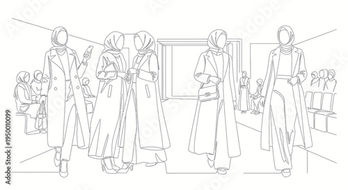 Line art fashion show women in hijabs, elegant coats, and stylish handbags