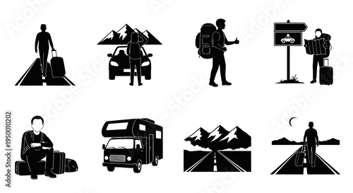 Travel and Tourism Icons: Black and White Silhouettes of People and Vehicles