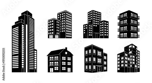 Black and White Vector Icons of City Buildings and Houses