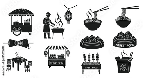 Street Food Icons: Asian Cuisine, Noodles, Dumplings, Grilling, Cart, Black Glyph