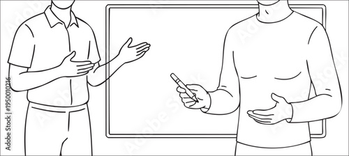 Teacher explaining lesson on classroom board while student holds marker during discussion