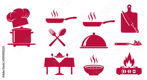 Red Cooking Icons: Chef Hat, Pot, Pans, Food, Table, Stove, Knife, Utensils