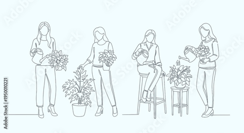 Woman watering plants, line art, gardening, lifestyle